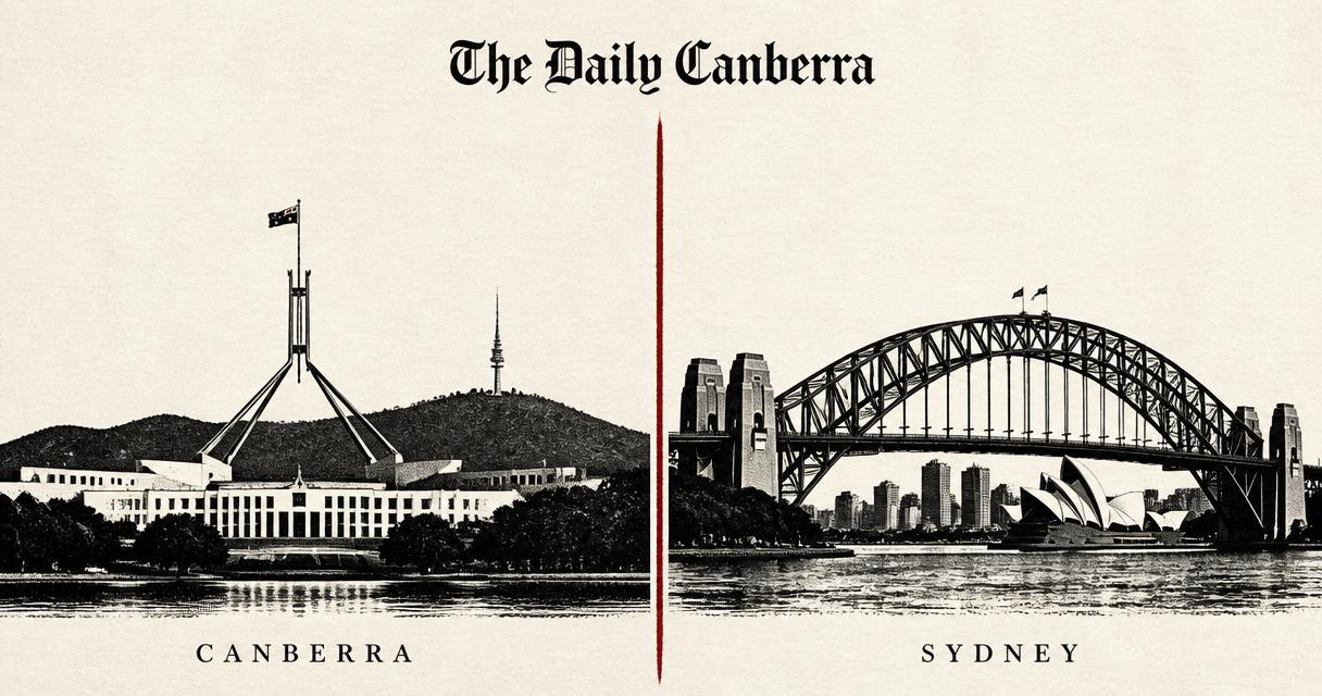 Editorial split illustration: Stockholm on the left and Sydney on the right